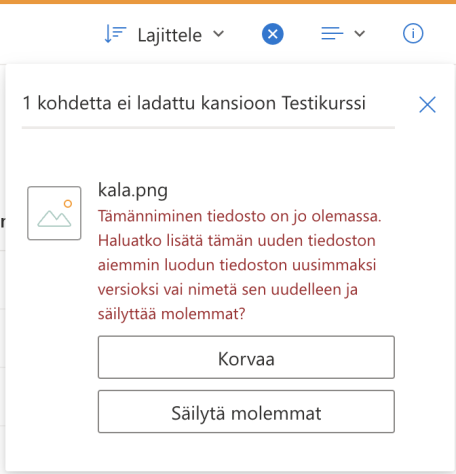 OneDrive kysyy korvataanko vai säilytetäänkö samannimiset tiedostot