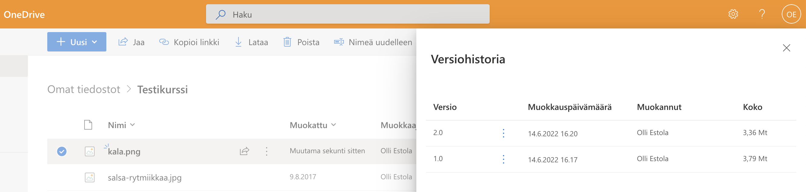 OneDrive näyttää tiedostosta kahta versiota versiohistoriassa