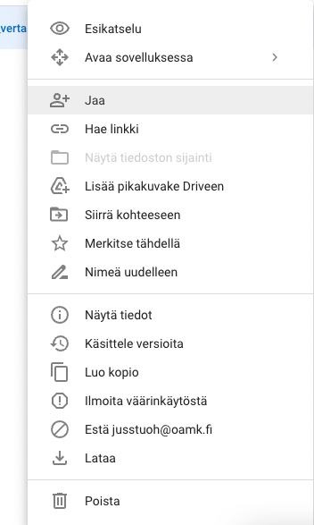 Versionpalautusnäkymä Google Drivessä