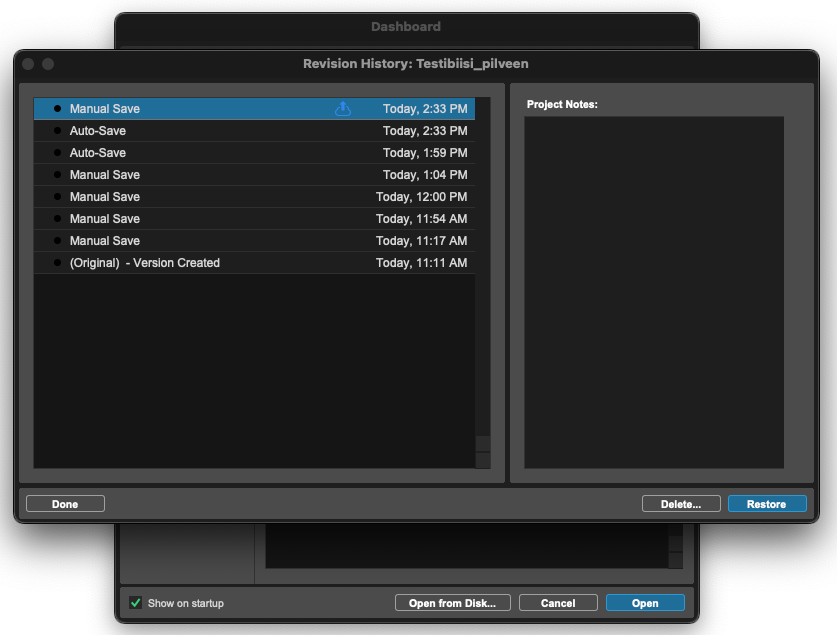 Kuva Pro Toolsin Dashboard-valikon kautta avautuvasta projektin versiohistoria -valikosta, jonka avulla projektista voidaan avata ja palata eri vaiheissa tallennettuihin versioihin.