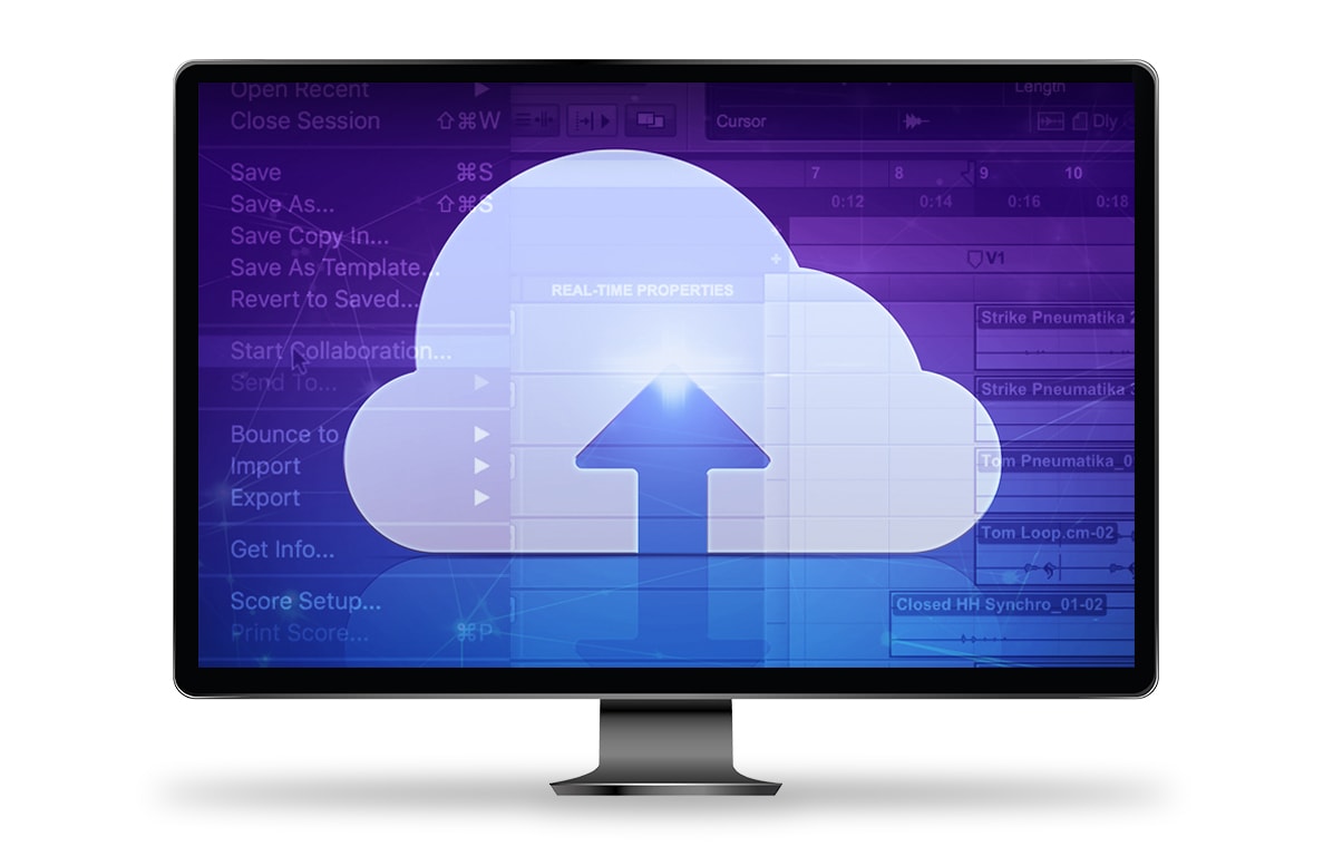 Kuva Avidin verkkosivuilta, jossa iMac-tietokoneen ruudulla Pro Tools -näkymä ja pilvitallennuksen kuvake.