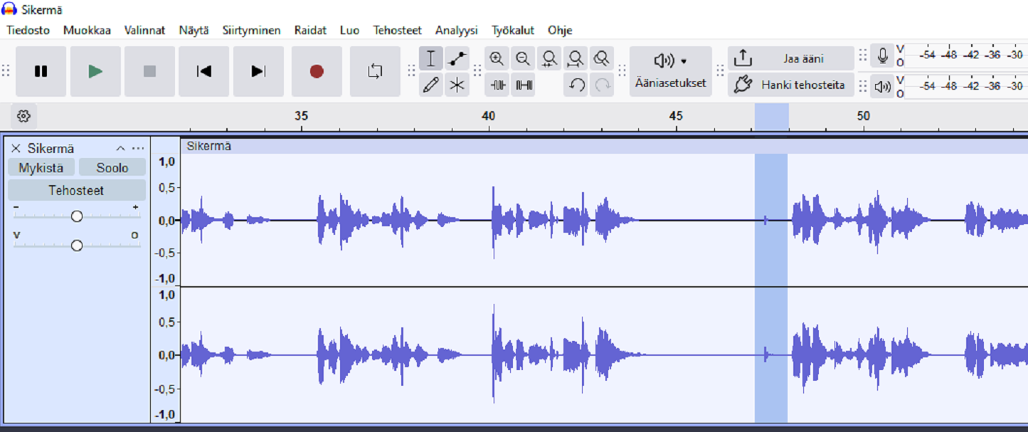 Audacity-sovelluksen aaltomuotonäkymä.