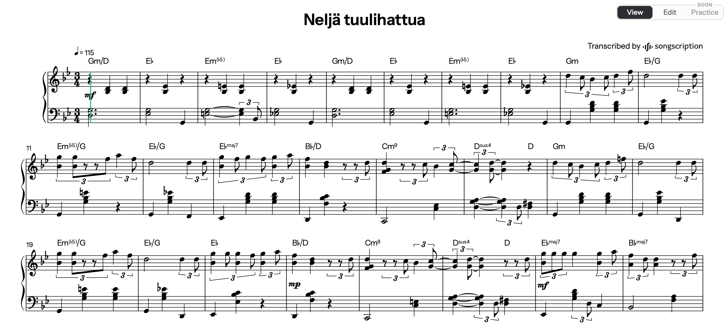 "Neljä tuulihattua", Songscriptionin tekemä pianosovitus (Adaptive Mode).