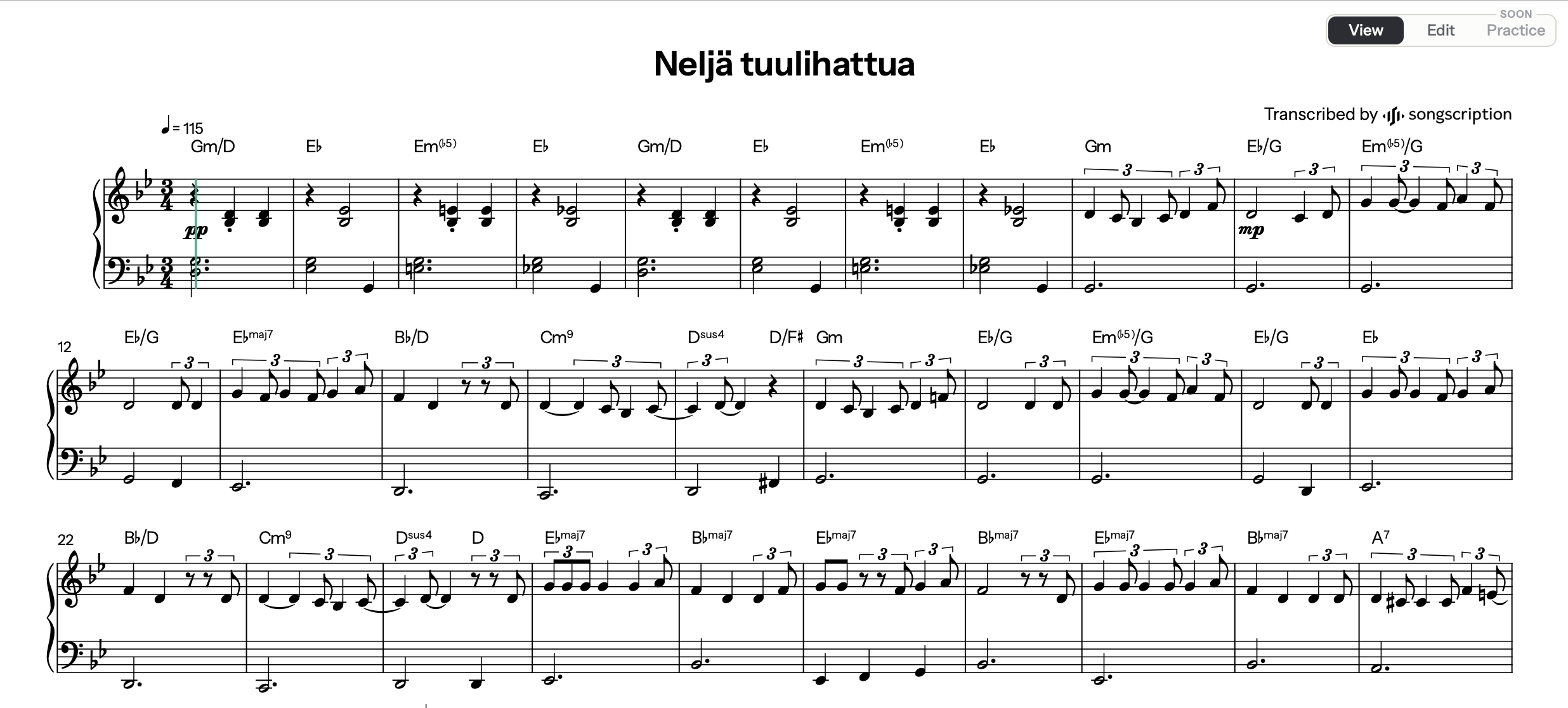 "Neljä tuulihattua", Songscriptionin tekemä pianosovitus (Beginner/Intermediate).