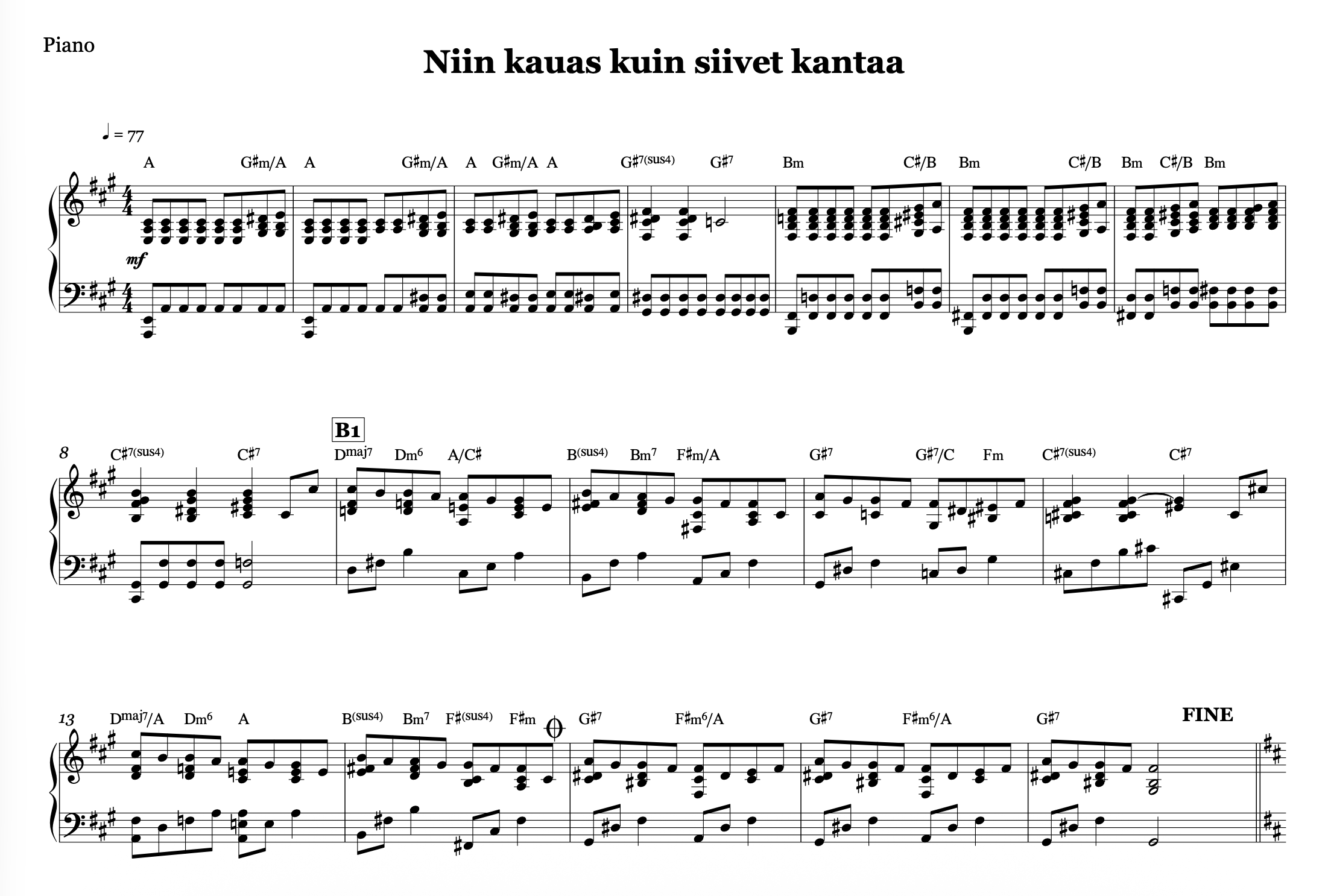 "Niin kauas kuin siivet kantaa", oma Sibelius-notaatio-ohjelmalla tekemäni nuotti.