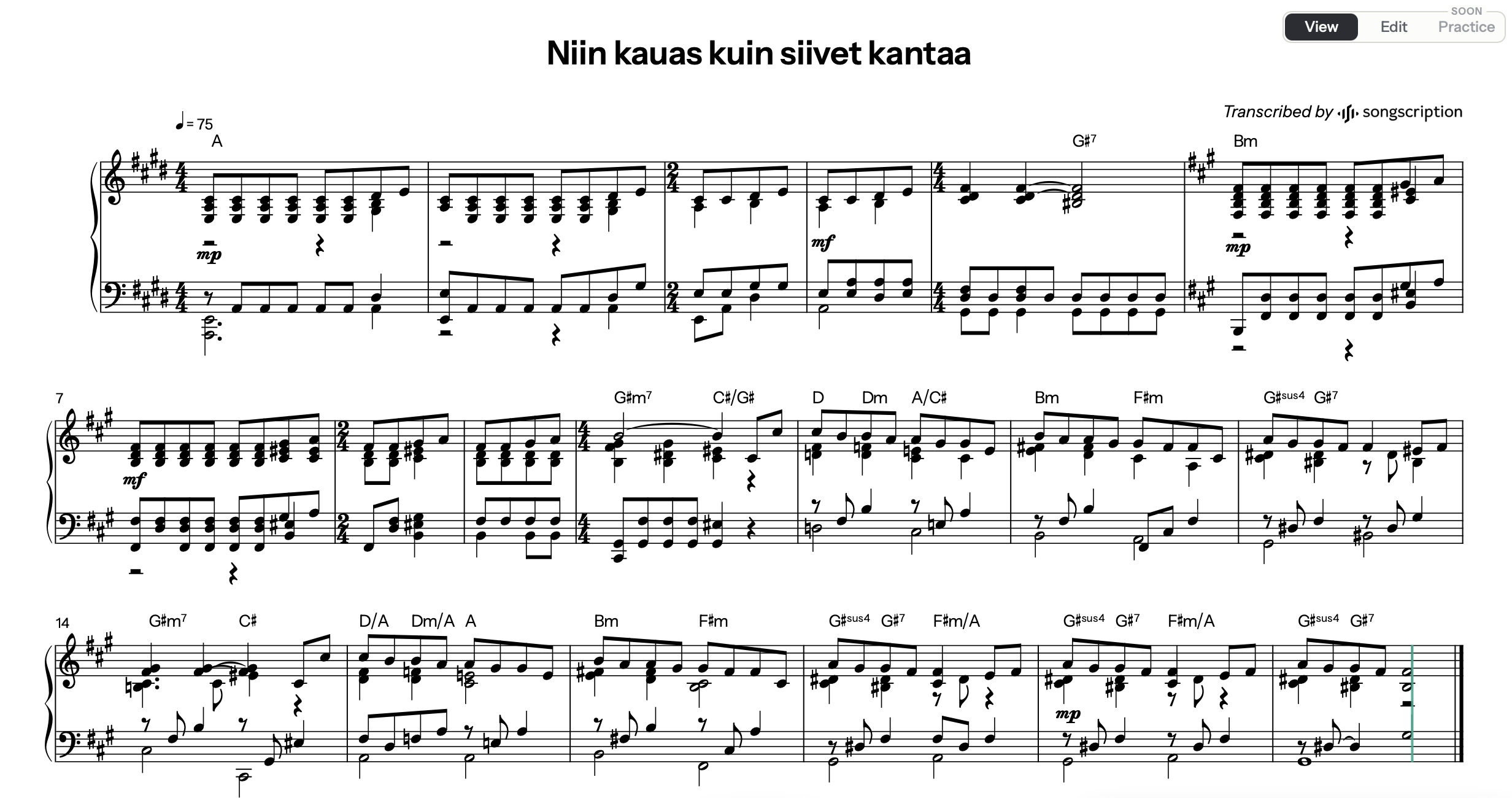 "Niin kauas kuin siivet kantaa", Songscriptionin tekemä transkriptio audiosta.